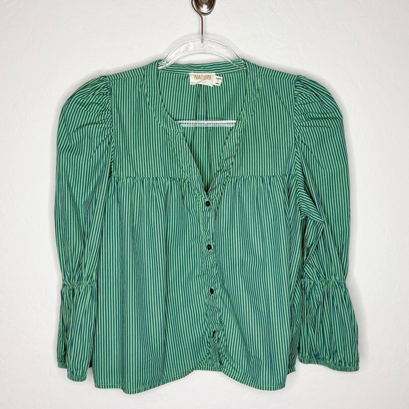Nation LTD Geneva Blouse Havana Green Poplin Puff Sleeve Button Down Size Small - Picture 4 of 10
